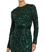 Mac Duggal Long Sleeve Hand Embellished Beaded Sequin Georgette Column Gown