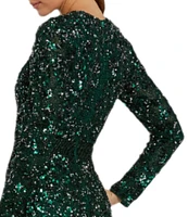 Mac Duggal Long Sleeve Hand Embellished Beaded Sequin Georgette Column Gown