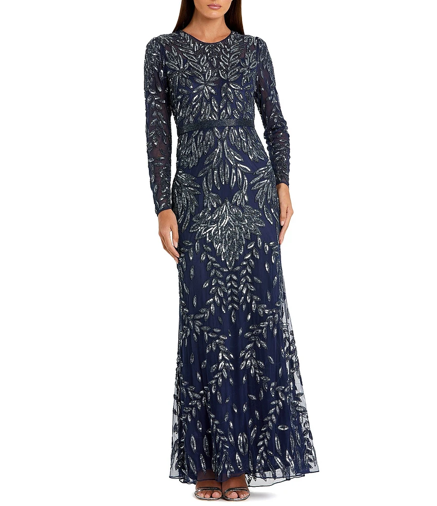 Mac Duggal Long Sleeve Crew Neck Embellished Gown