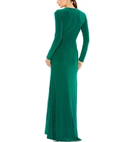 Mac Duggal Long Sleeve Keyhole Crew Neck Knot Waist Gown