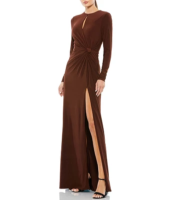 Mac Duggal Long Sleeve Keyhole Crew Neck Knot Waist Gown