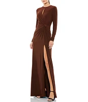 Mac Duggal Long Sleeve Keyhole Crew Neck Knot Waist Gown