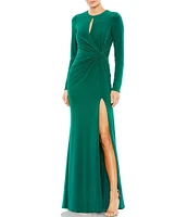 Mac Duggal Long Sleeve Keyhole Crew Neck Knot Waist Gown