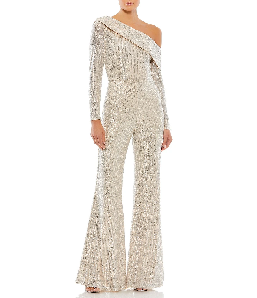Mac Duggal Long Sleeve Sequined Drop Shoulder Jumpsuit