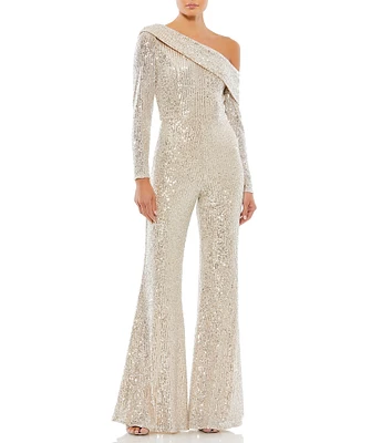 Mac Duggal Long Sleeve Sequined Drop Shoulder Jumpsuit
