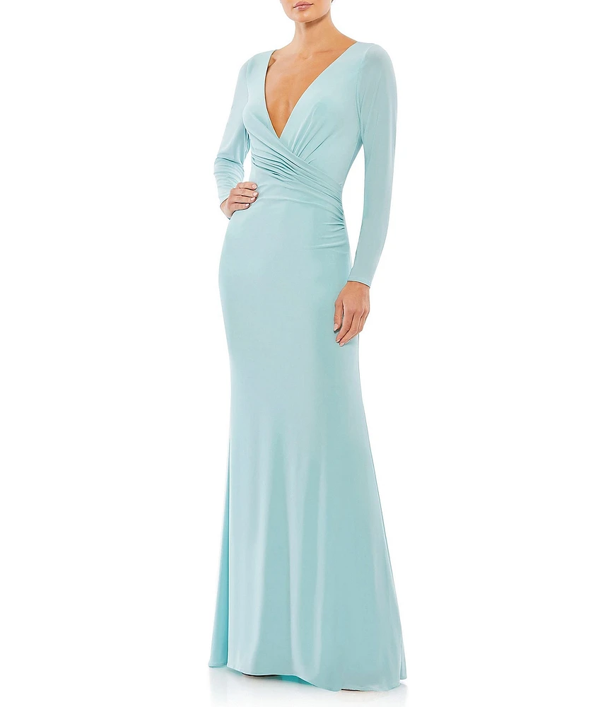 Mac Duggal Long Sleeve Surplice V-Neck Column Faux Wrap Gown