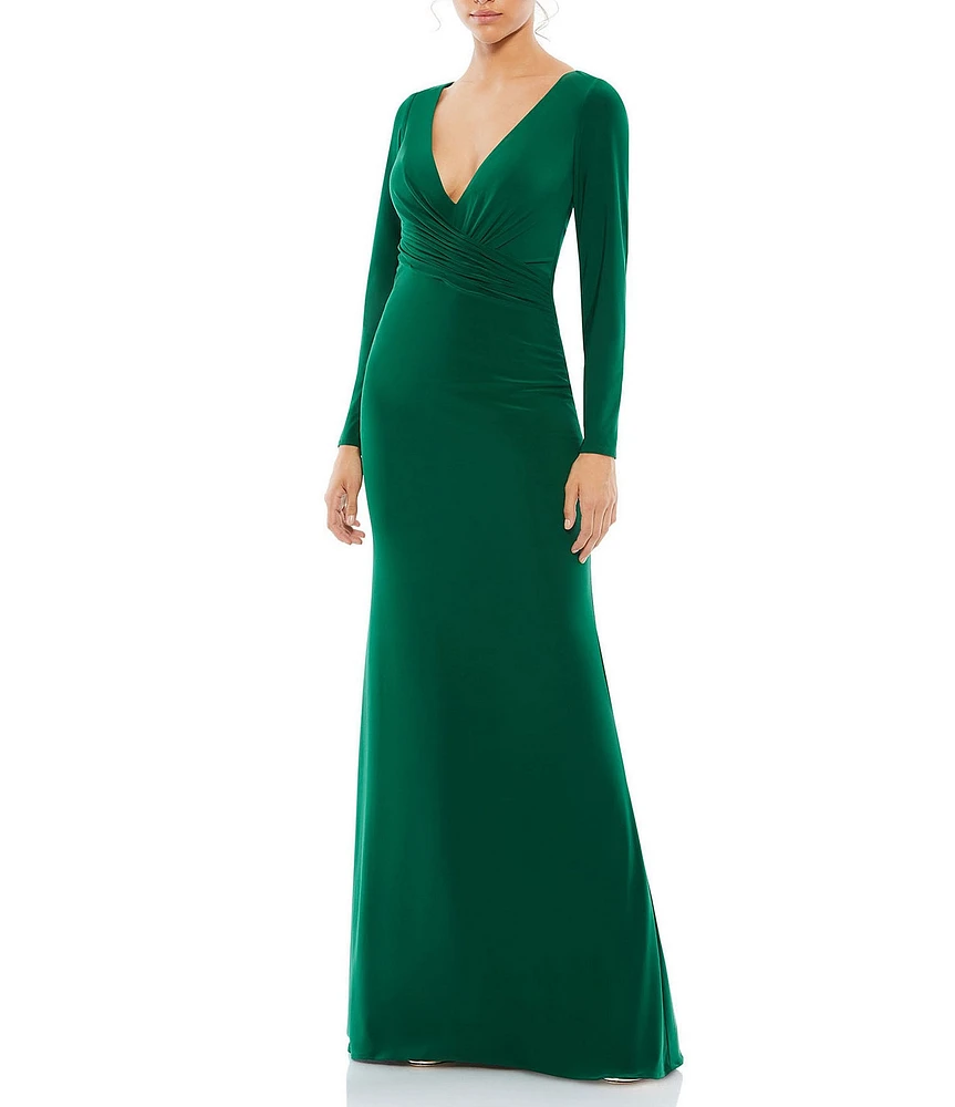 Mac Duggal Long Sleeve Surplice V-Neck Column Faux Wrap Gown