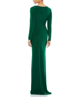 Mac Duggal Long Sleeve Surplice V-Neck Column Faux Wrap Gown