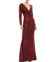 Mac Duggal Long Sleeve V-Neck Sequin Faux Wrap Gown