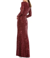 Mac Duggal Long Sleeve V-Neck Sequin Faux Wrap Gown