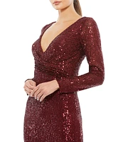 Mac Duggal Long Sleeve V-Neck Sequin Faux Wrap Gown