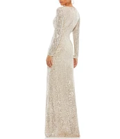 Mac Duggal Long Sleeve V-Neck Sequin Faux Wrap Gown