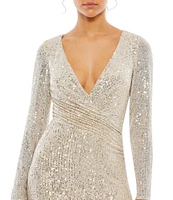 Mac Duggal Long Sleeve V-Neck Sequin Faux Wrap Gown