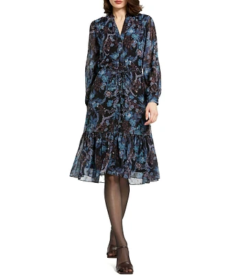 Mac Duggal Lurex Chiffon Split V-Neck Long Bishop Sleeve Floral Print Tiered Ruffle Midi A-Line Dress