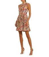 Mac Duggal Mesh Floral Print Crew Neck Sleeveless Micro Ruffle A-Line Mini Dress