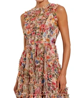 Mac Duggal Mesh Floral Print Crew Neck Sleeveless Micro Ruffle A-Line Mini Dress