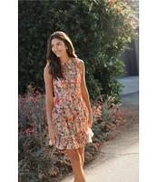 Mac Duggal Mesh Floral Print Crew Neck Sleeveless Micro Ruffle A-Line Mini Dress