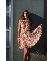 Mac Duggal Mesh Floral Print Crew Neck Sleeveless Micro Ruffle A-Line Mini Dress