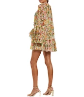 Mac Duggal Mesh Floral Print Mock Neck Long Sleeve Ruffle Shift Mini Dress