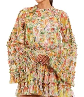 Mac Duggal Mesh Floral Print Mock Neck Long Sleeve Ruffle Shift Mini Dress