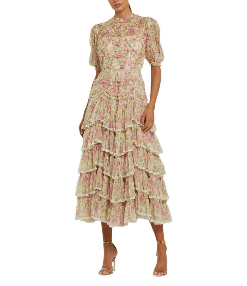 Mac Duggal Mesh Floral Print Mock Neck Short Sleeve Micro Ruffle A-Line Midi Dress