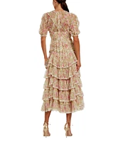 Mac Duggal Mesh Floral Print Mock Neck Short Sleeve Micro Ruffle A-Line Midi Dress