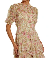 Mac Duggal Mesh Floral Print Mock Neck Short Sleeve Micro Ruffle A-Line Midi Dress
