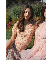 Mac Duggal Mesh Floral Print Mock Neck Short Sleeve Micro Ruffle A-Line Midi Dress