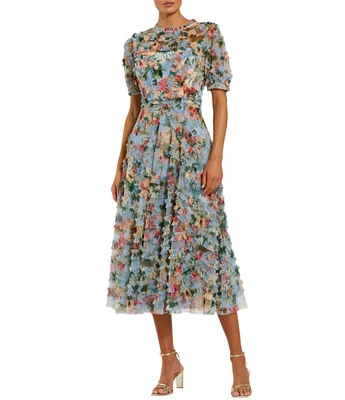 Mac Duggal Mesh Floral Print Mock Neck Short Sleeve Ruffle A-Line Midi Dress