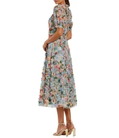 Mac Duggal Mesh Floral Print Mock Neck Short Sleeve Ruffle A-Line Midi Dress