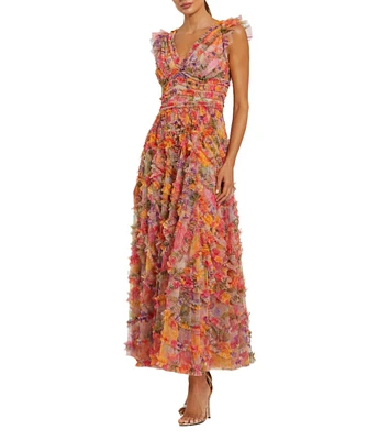 Mac Duggal Mesh Floral Print V-Neck Sleeveless Ruffle A-Line Maxi Dress