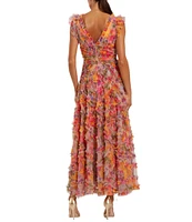 Mac Duggal Mesh Floral Print V-Neck Sleeveless Ruffle A-Line Maxi Dress