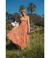 Mac Duggal Mesh Floral Print V-Neck Sleeveless Ruffle A-Line Maxi Dress