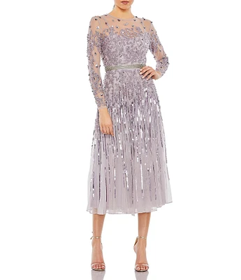 Mac Duggal Mesh Sequin Crew Neck Long Sleeve Belted Tea Dress