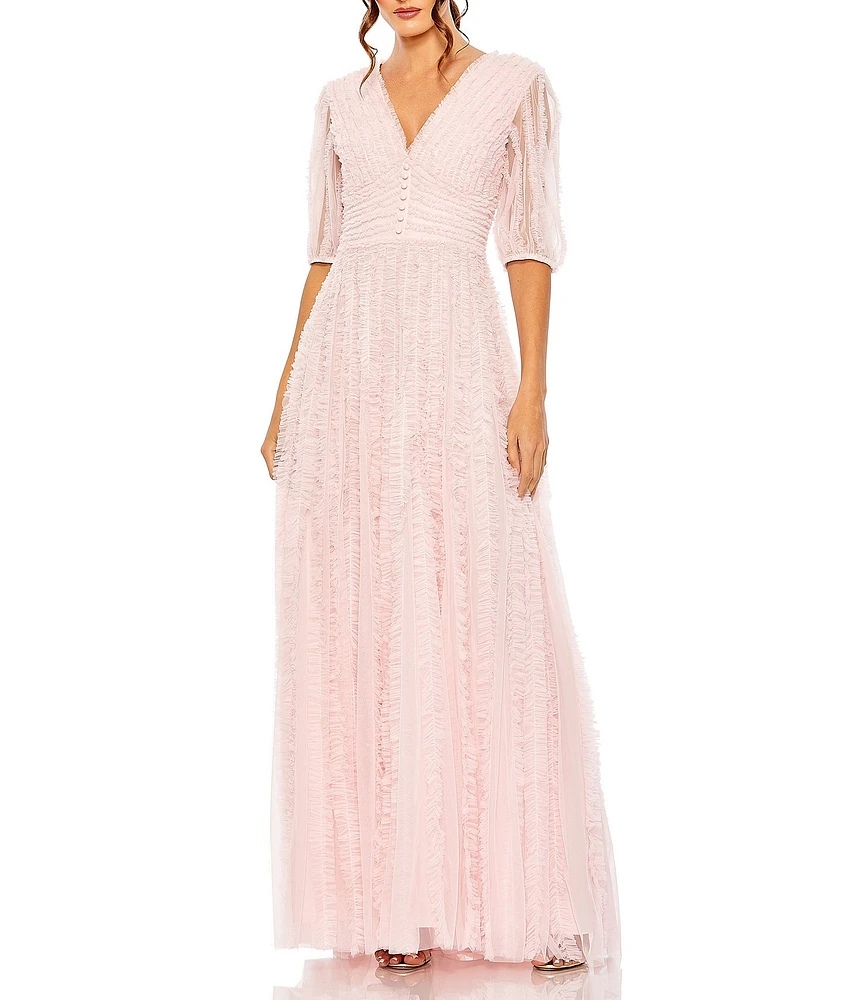Mac Duggal Mesh V-Neck Elbow Sleeve A-Line Gown