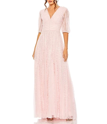 Mac Duggal Mesh V-Neck Elbow Sleeve A-Line Gown