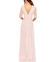 Mac Duggal Mesh V-Neck Elbow Sleeve A-Line Gown