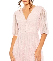 Mac Duggal Mesh V-Neck Elbow Sleeve A-Line Gown
