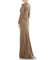 Mac Duggal Metallic Deep V-Neck Long Sleeve Twist Front Slit Gown