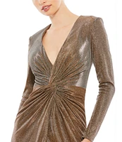 Mac Duggal Metallic Deep V-Neck Long Sleeve Twist Front Slit Gown