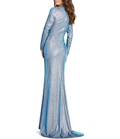 Mac Duggal Metallic Deep V-Neck Long Sleeve Twist Front Slit Gown