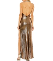 Mac Duggal Metallic Halter Crystal Neck Sleeveless Low Back Side Slit Gown