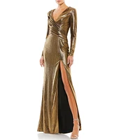 Mac Duggal Metallic Long Sleeve Asymmetrical Drape Ruched Sheath Gown