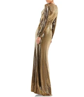 Mac Duggal Metallic Long Sleeve Asymmetrical Drape Ruched Sheath Gown