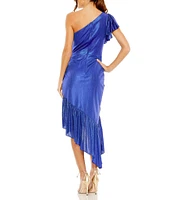 Mac Duggal Metallic One Shoulder Cap Sleeve Ruched Asymmetrical Hem Dress