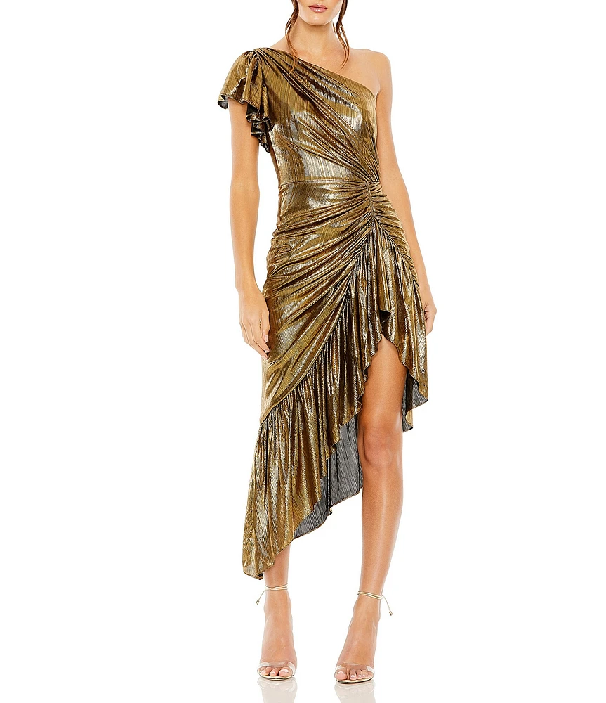 Mac Duggal Metallic One Shoulder Cap Sleeve Ruched Asymmetrical Hem Dress