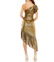 Mac Duggal Metallic One Shoulder Cap Sleeve Ruched Asymmetrical Hem Dress