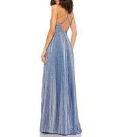 Mac Duggal Metallic Pleated Deep V-Neck Crisscross Back Detail Sleeveless Gown