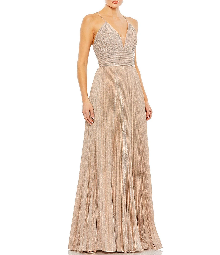 Mac Duggal Metallic Pleated Deep V-Neck Crisscross Back Detail Sleeveless Gown