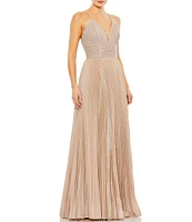 Mac Duggal Metallic Pleated Deep V-Neck Crisscross Back Detail Sleeveless Gown